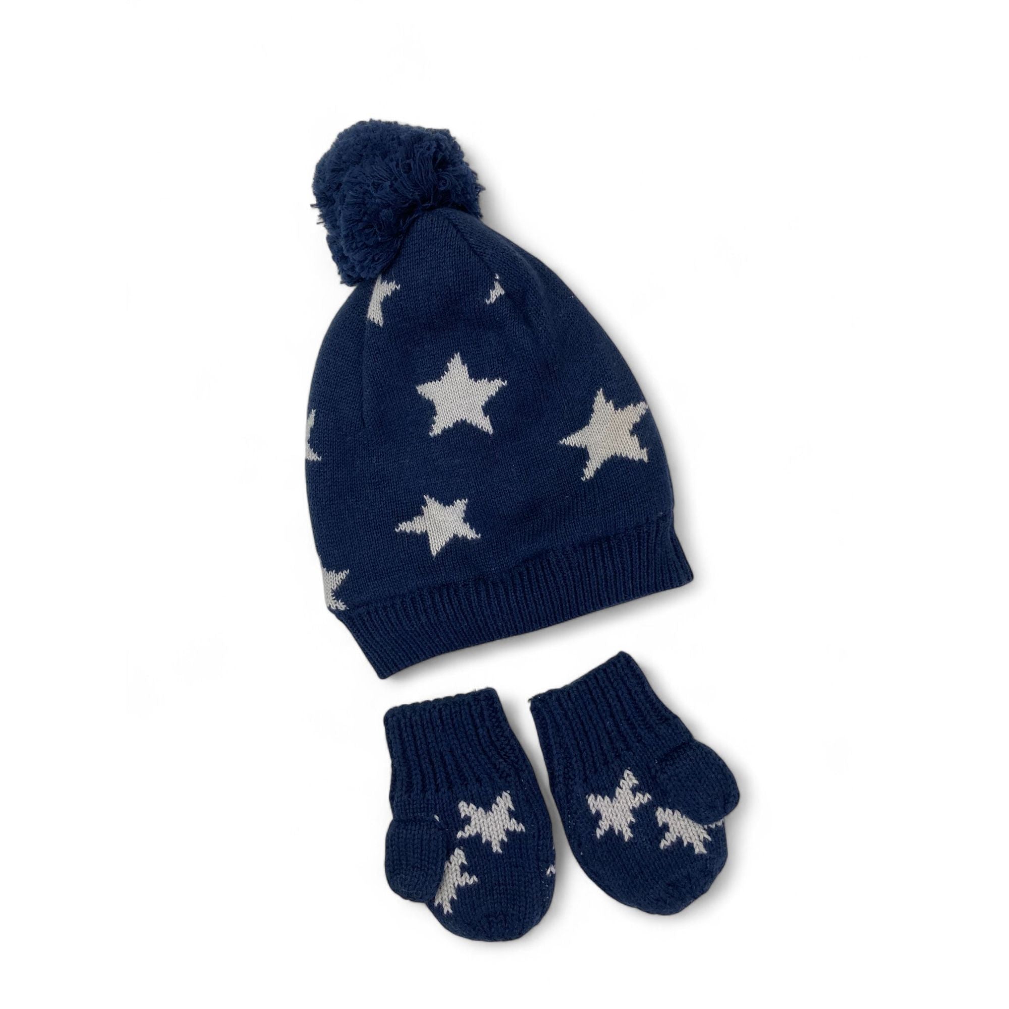 1-3M Navy Blue & White Starry Knit Beanie & Mittens - Woolworths