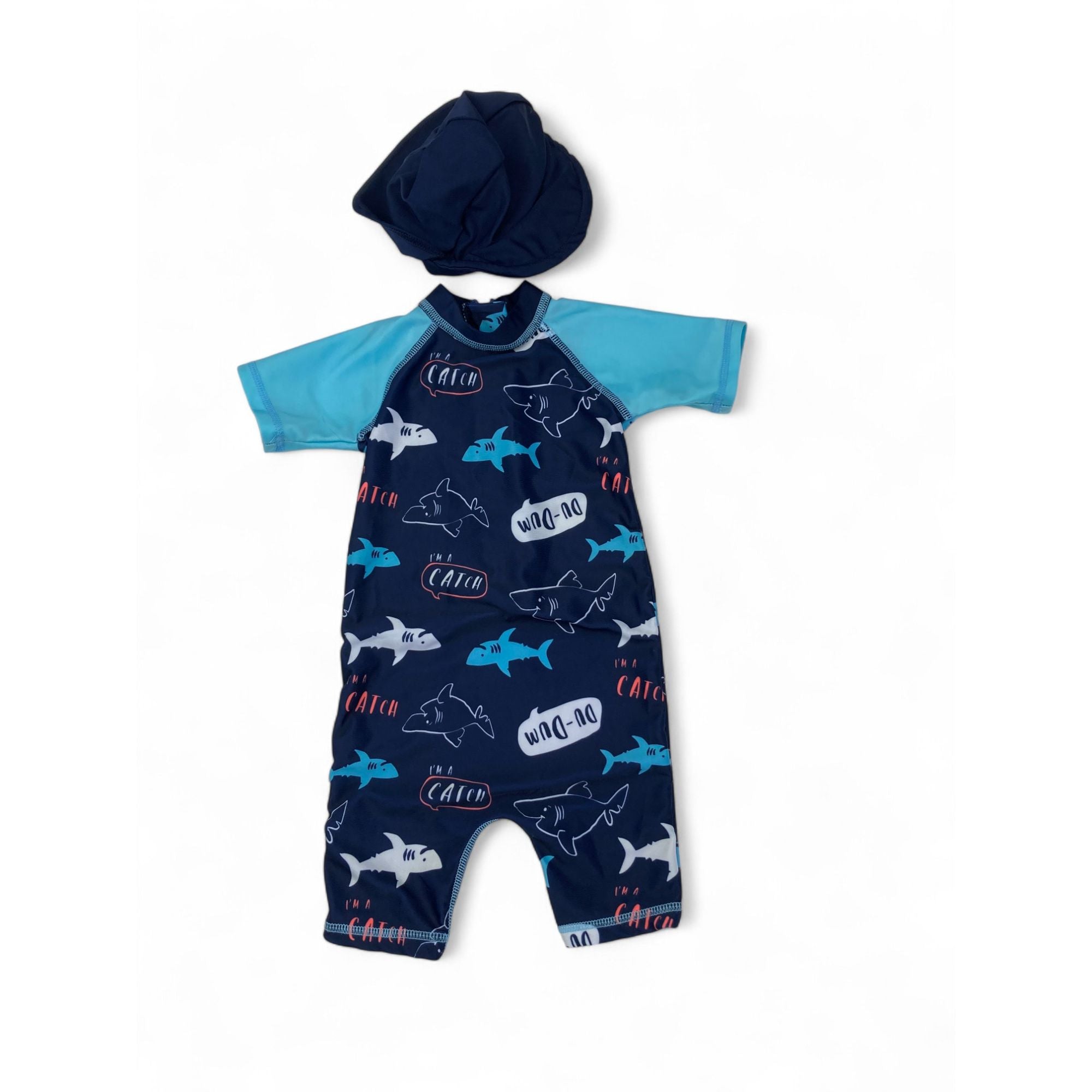 3-6M Blue Shark Swimsuit & Swim Hat - Woolworths