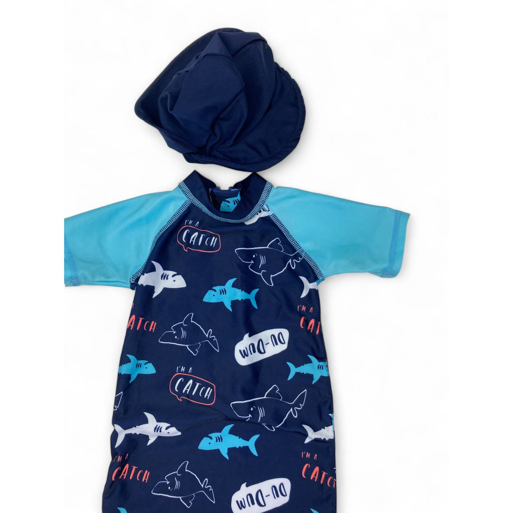 3-6M Blue Shark Swimsuit & Swim Hat - Woolworths