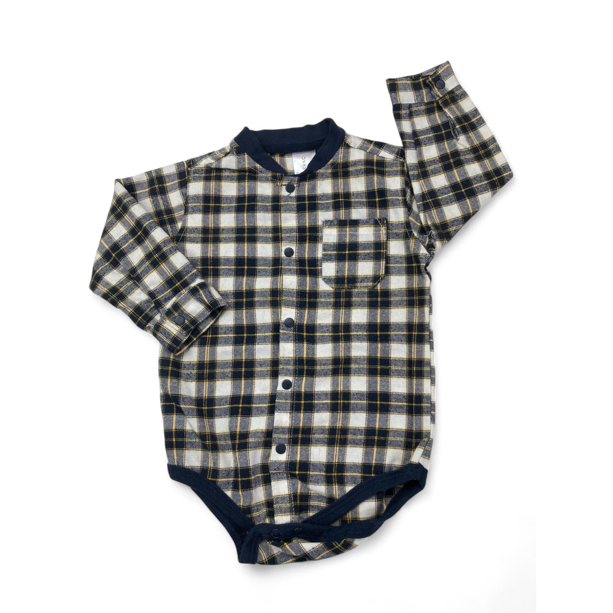 6-12M Cream & Navy Plaid Snap Shirt Romper - Clicks