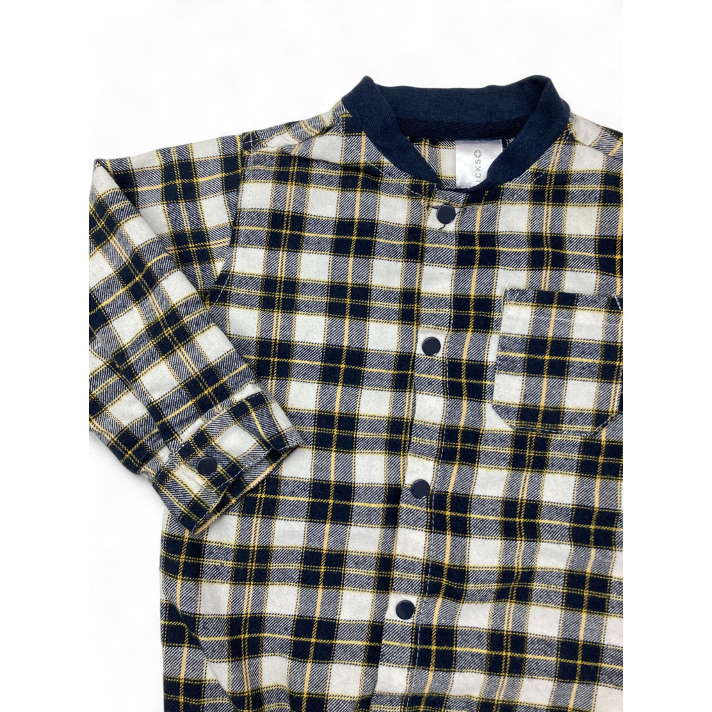 6-12M Cream & Navy Plaid Snap Shirt Romper - Clicks