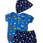 3-6M Blue Sea Life Bodysuit, Shorts & Beanie - Tiny Tots
