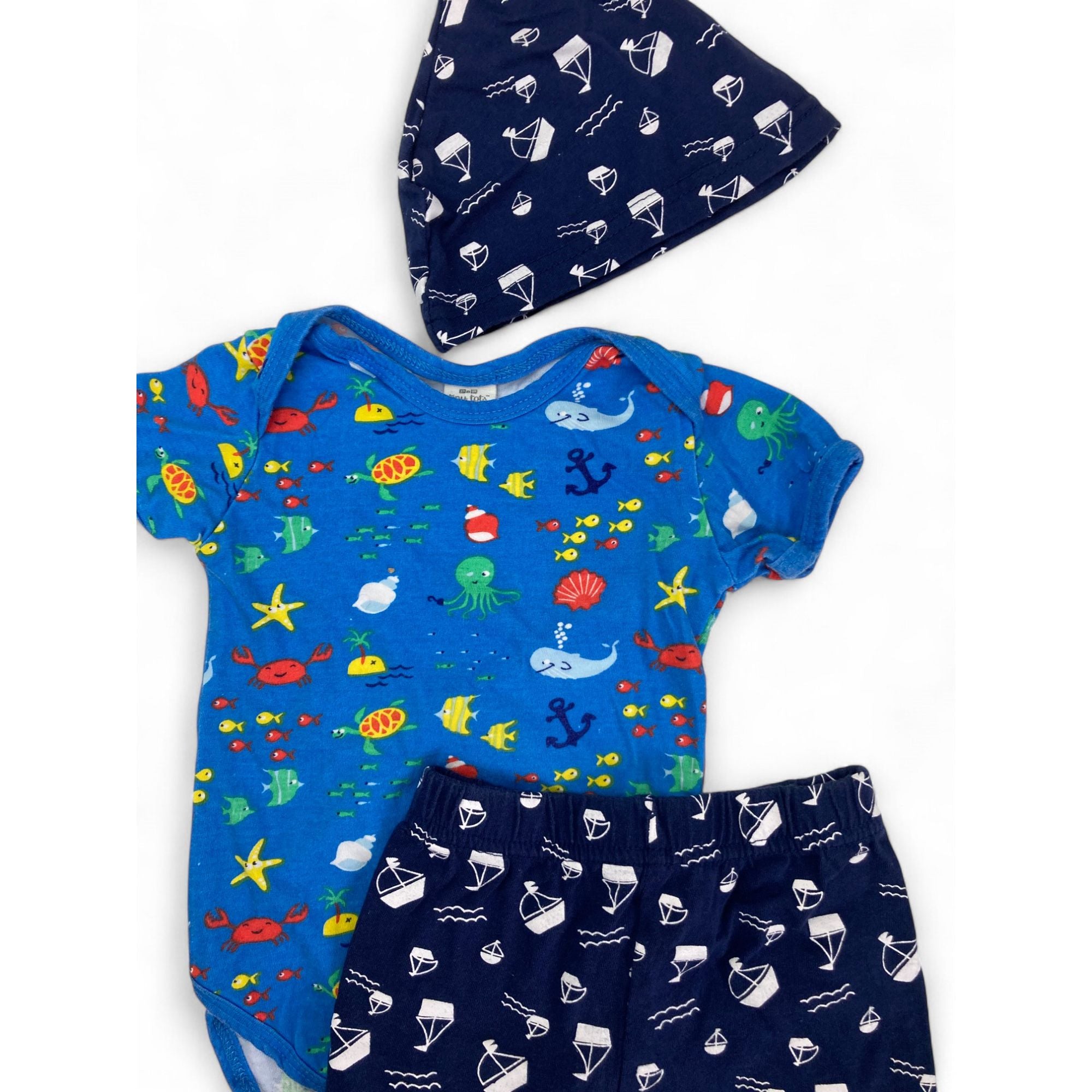 3-6M Blue Sea Life Bodysuit, Shorts & Beanie - Tiny Tots