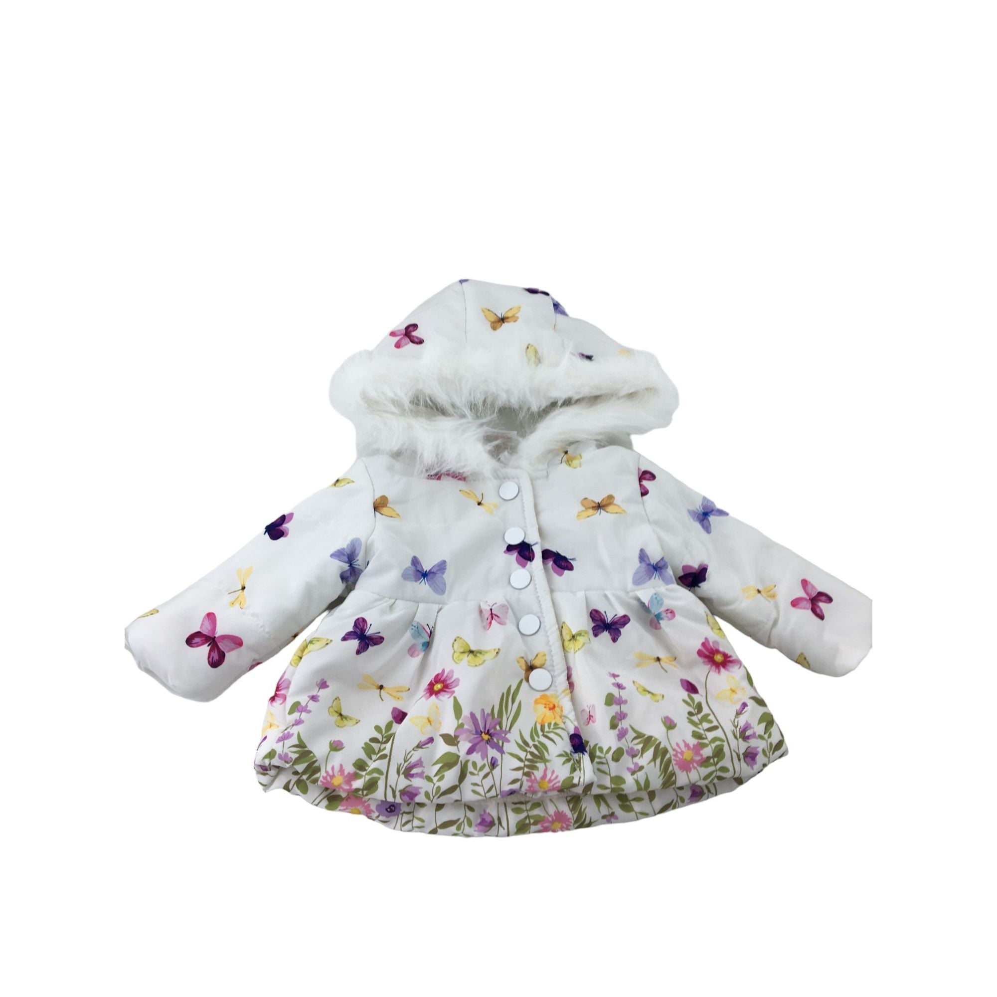 0-3M White Fleece Lined Floral Puffer Jacket - OneTwoThree
