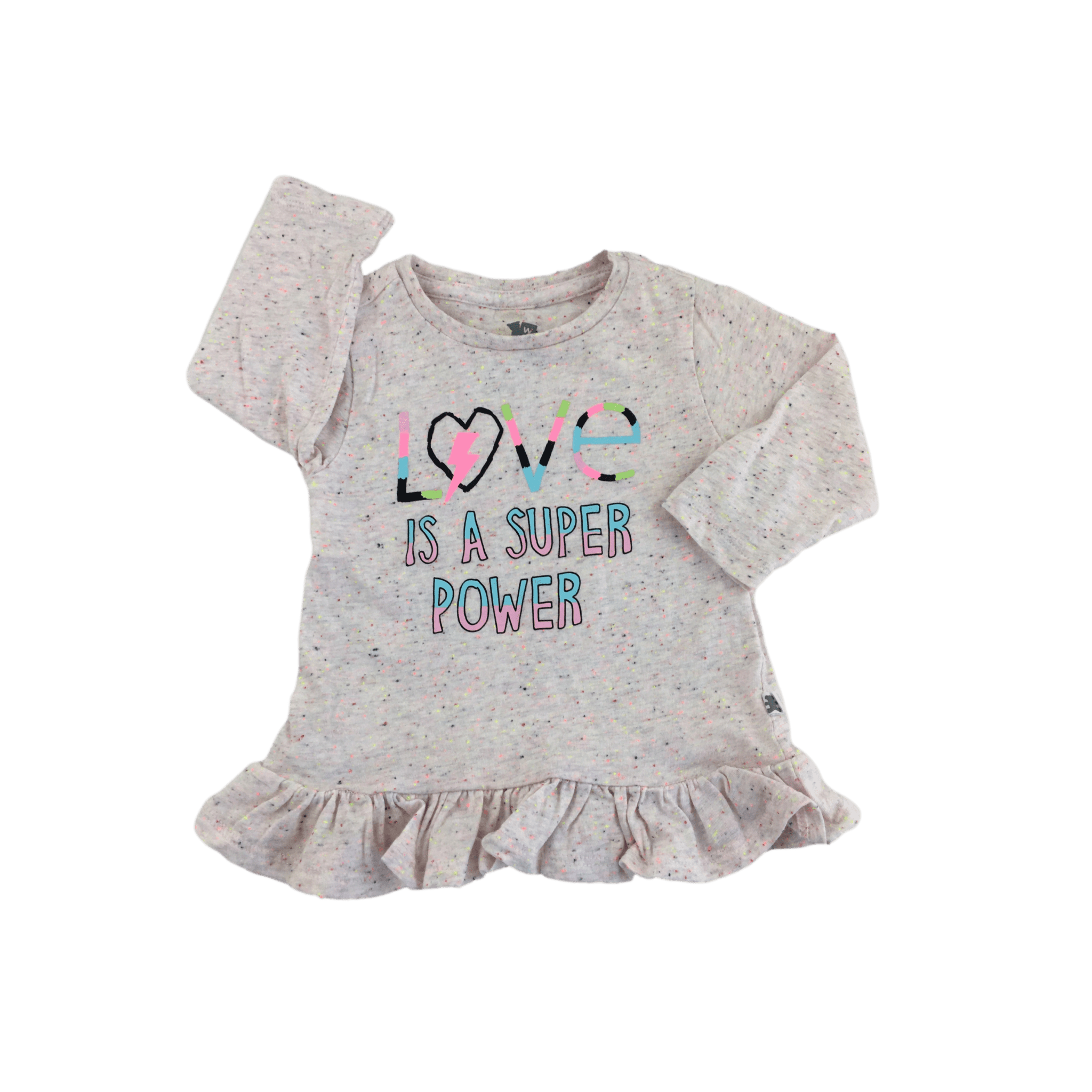 3-6M Beige Colourful Speckled "Love Super Power" Frill Top - Woolworths
