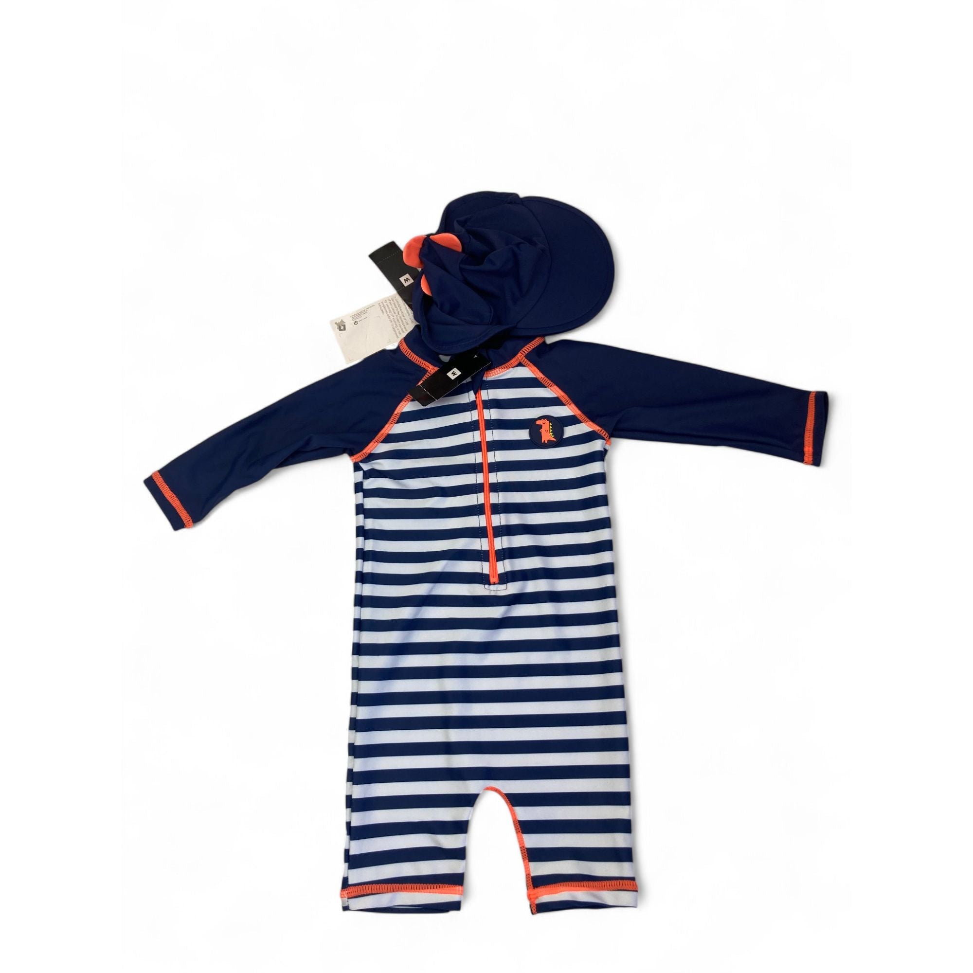 3-6M Navy Blue Stripe & Orange Detail Swimsuit & Swim Hat - Woolworths