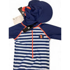 3-6M Navy Blue Stripe & Orange Detail Swimsuit & Swim Hat - Woolworths