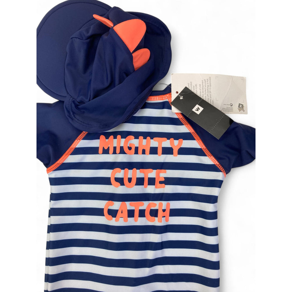 3-6M Navy Blue Stripe & Orange Detail Swimsuit & Swim Hat - Woolworths