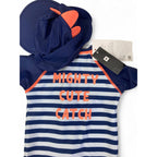 3-6M Navy Blue Stripe & Orange Detail Swimsuit & Swim Hat - Woolworths