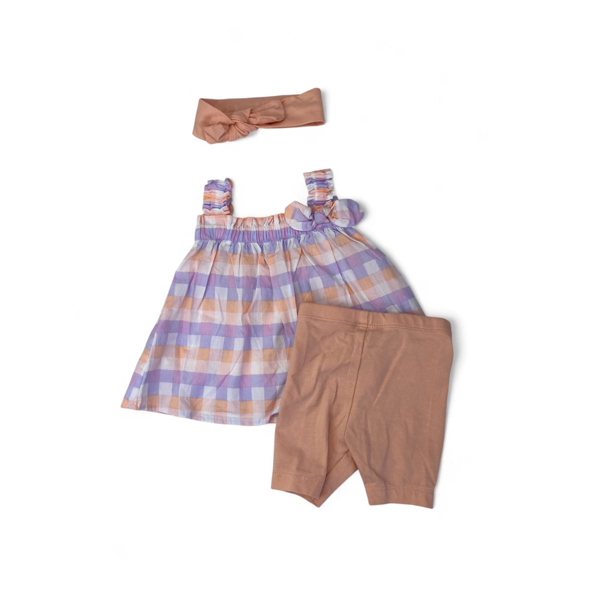 1-3M Peach & Lilac Gingham Top, Bicycle Shorts & Headband - Woolworths