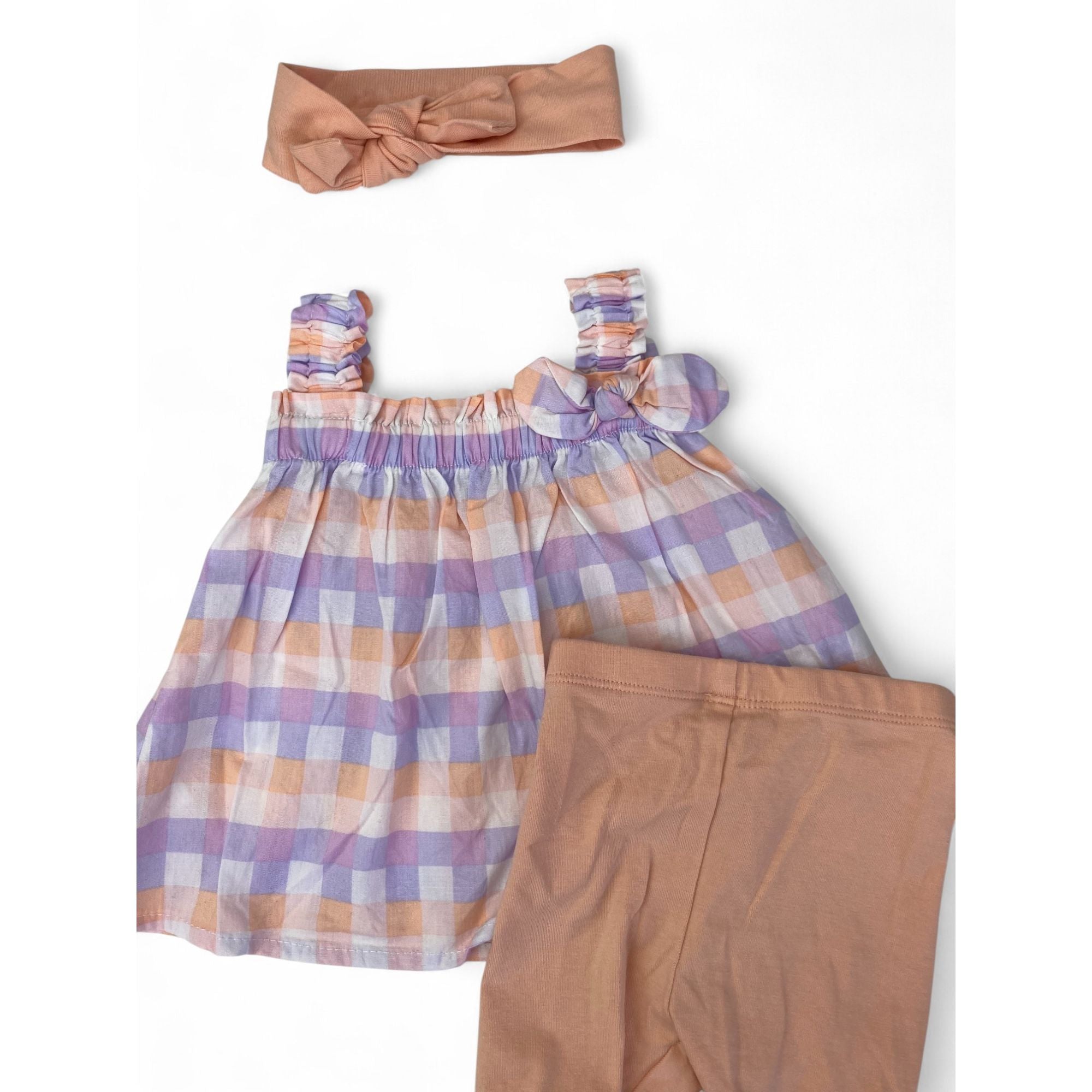1-3M Peach & Lilac Gingham Top, Bicycle Shorts & Headband - Woolworths