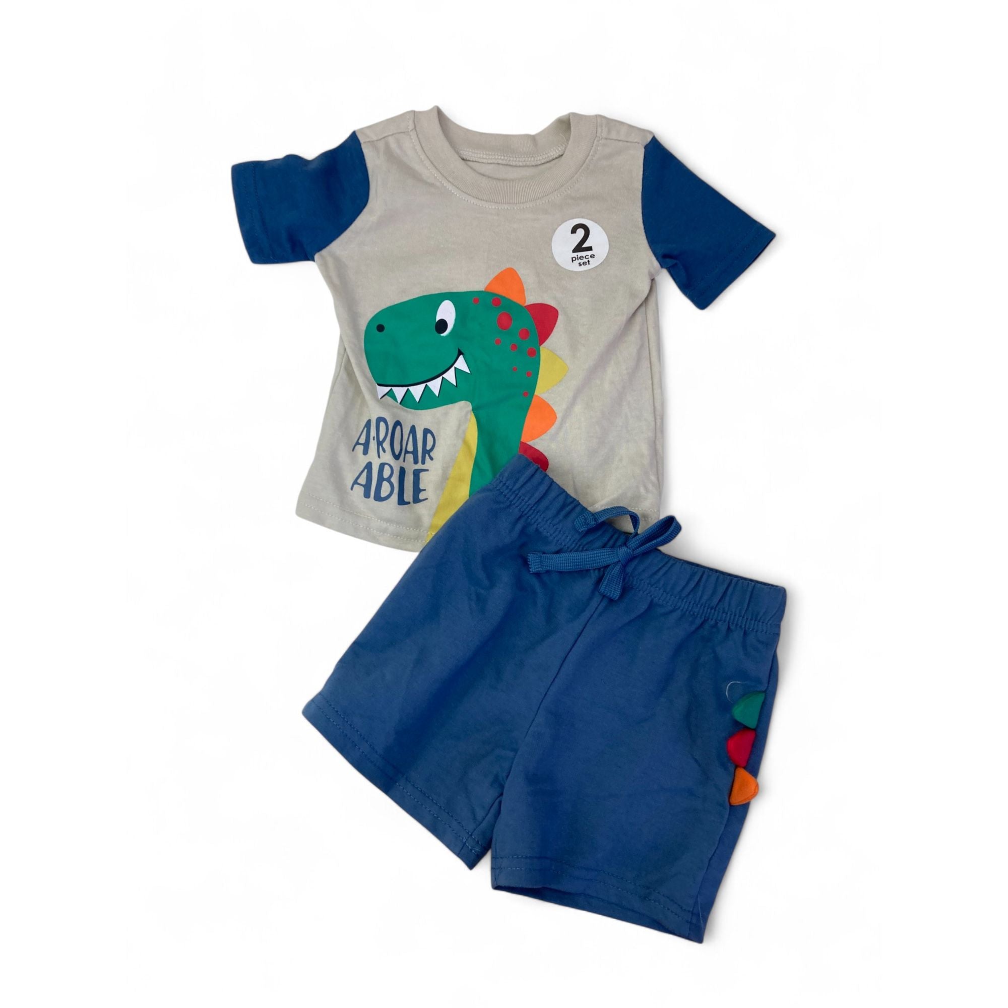 3-6M Beige & Blue Dinosaur T Shirt & Shorts - Cuddlesome
