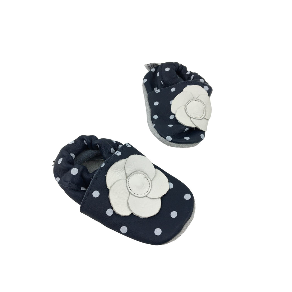 0-6M Navy & White Dotted Flower Leather Slipper - Shooshoos