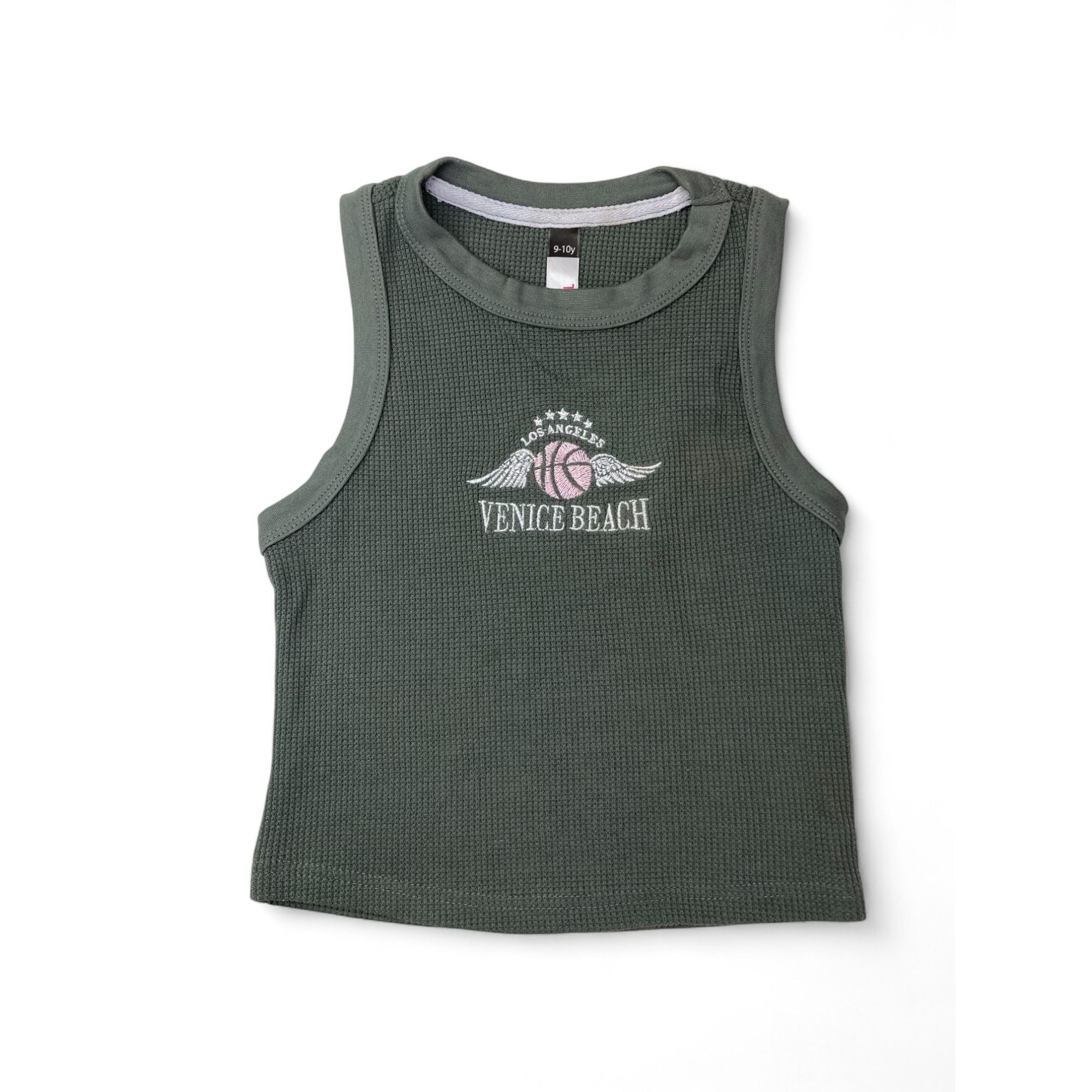 9-10Y Green Waffle Knit Sleeveless Top - Pink Angel