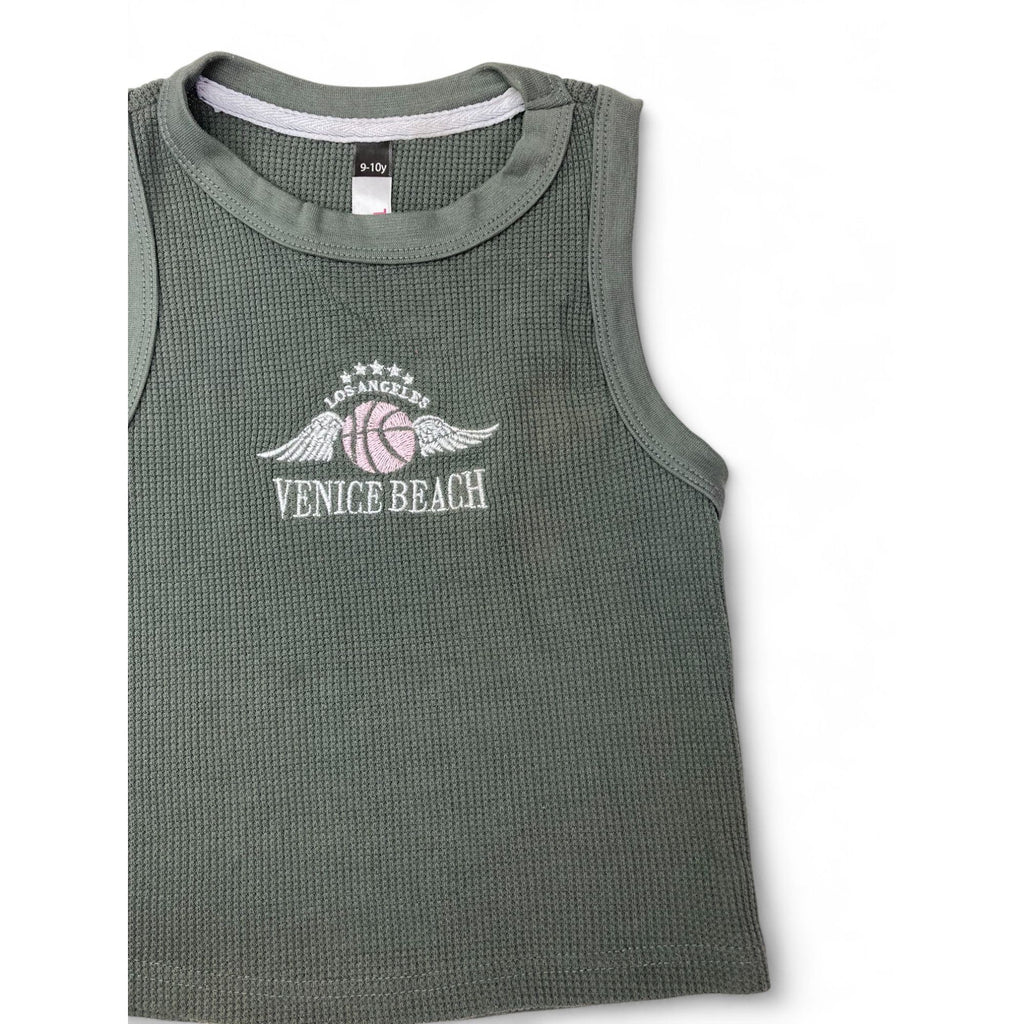 9-10Y Green Waffle Knit Sleeveless Top - Pink Angel