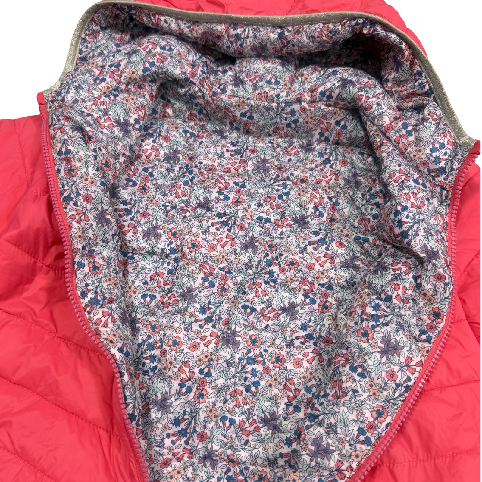 10-11Y Pink & floral reversable puffer jacket with hood - Vertbaudet