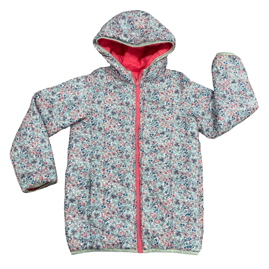 10-11Y Pink & floral reversable puffer jacket with hood - Vertbaudet