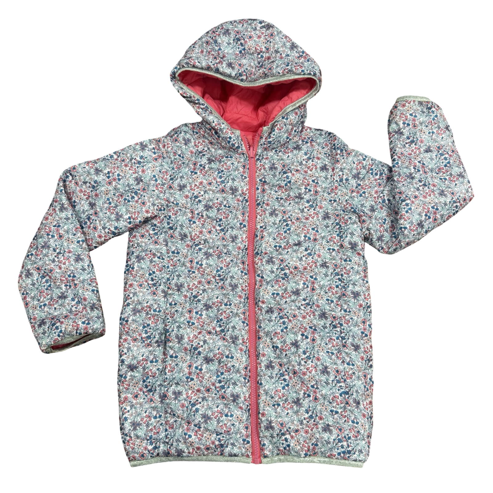 10-11Y Pink & floral reversable puffer jacket with hood - Vertbaudet