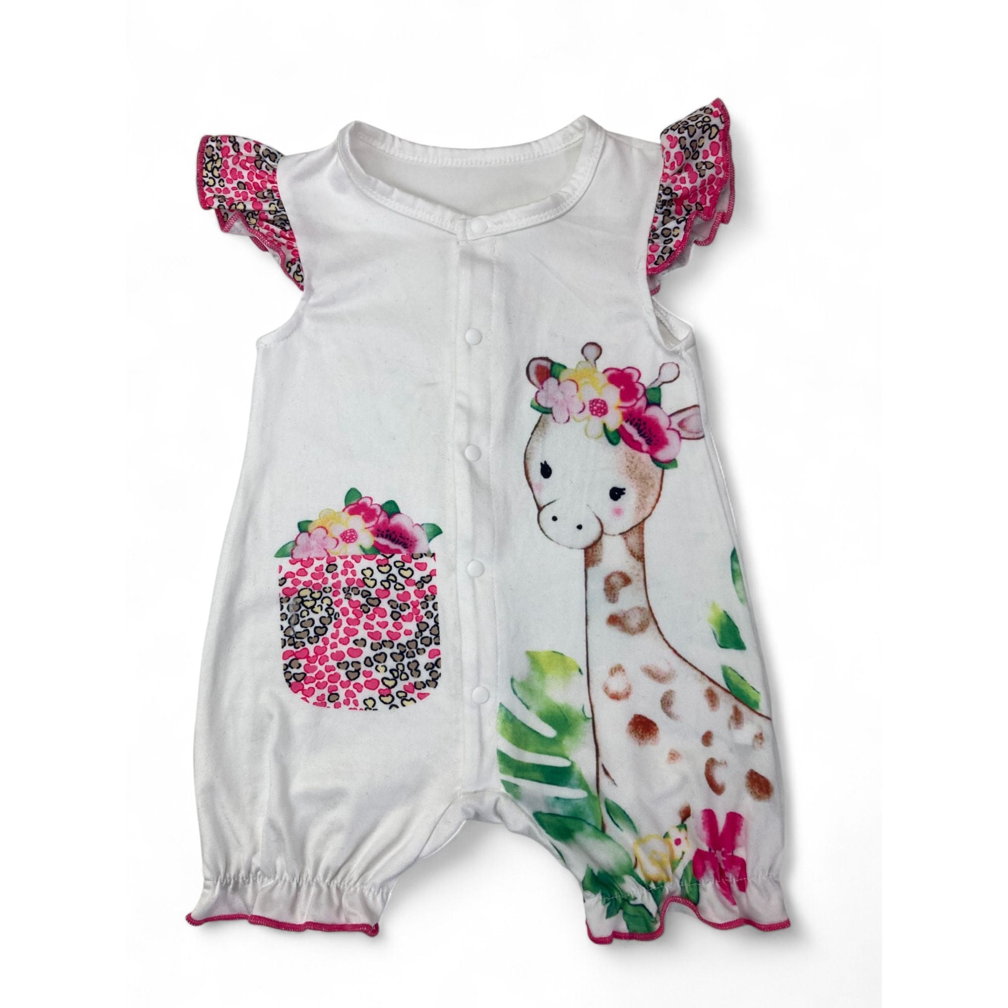 3-6M White & Pink Giraffe Snap Romper - Shein