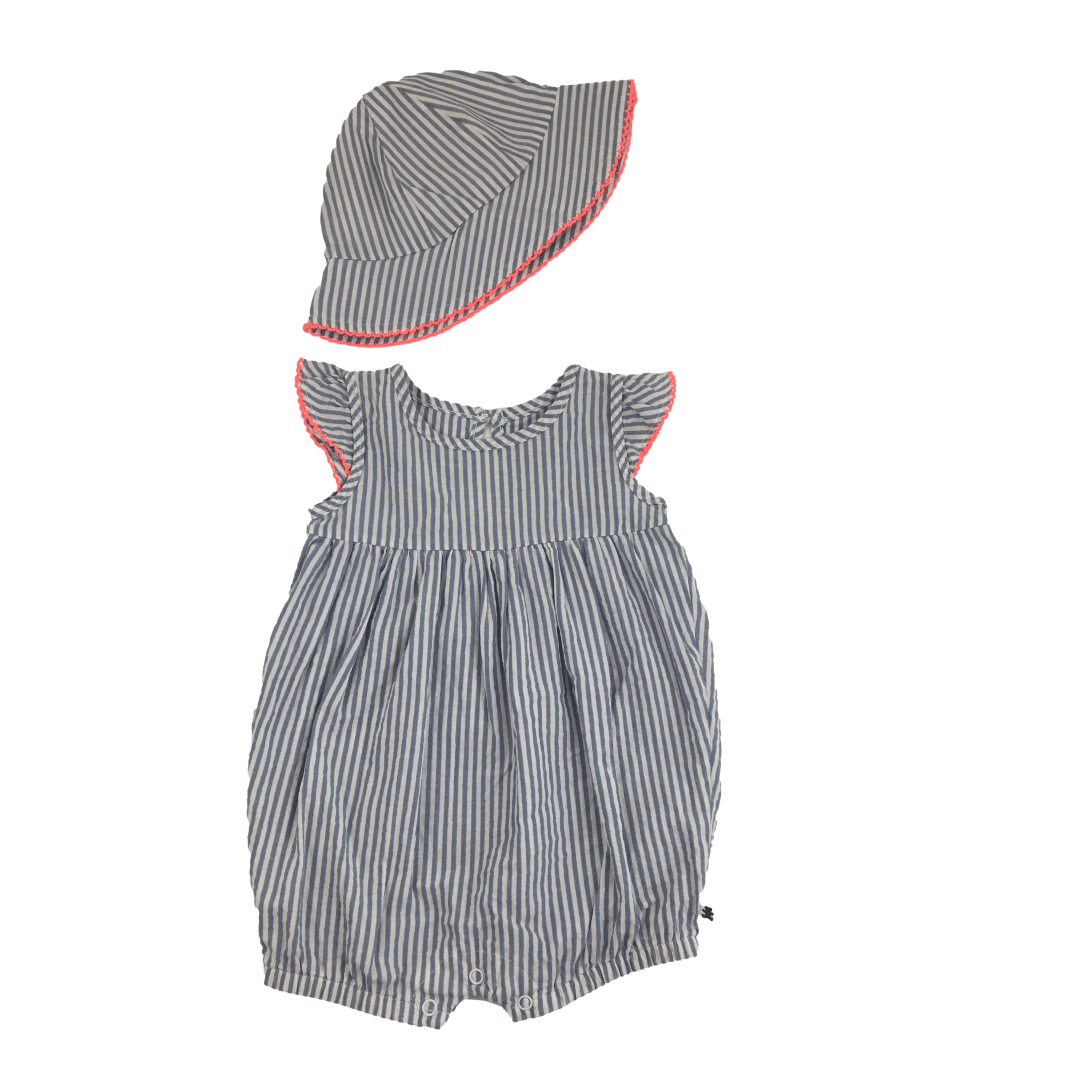3-6M Light Blue, White & Gold Stripe Romper & Sun Hat - Woolworths