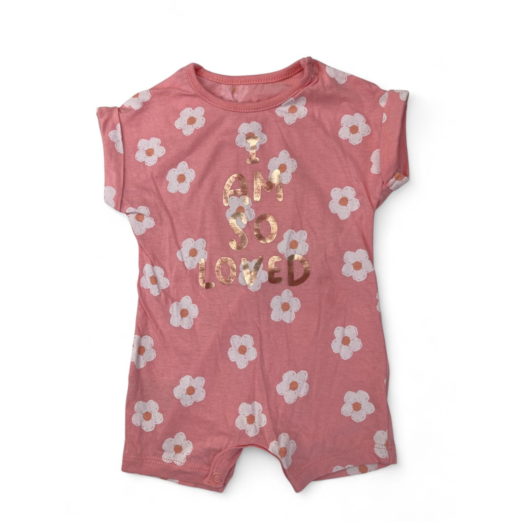 1-3M Coral Daisy "I Am So Loved" Batwing Romper - Woolworths