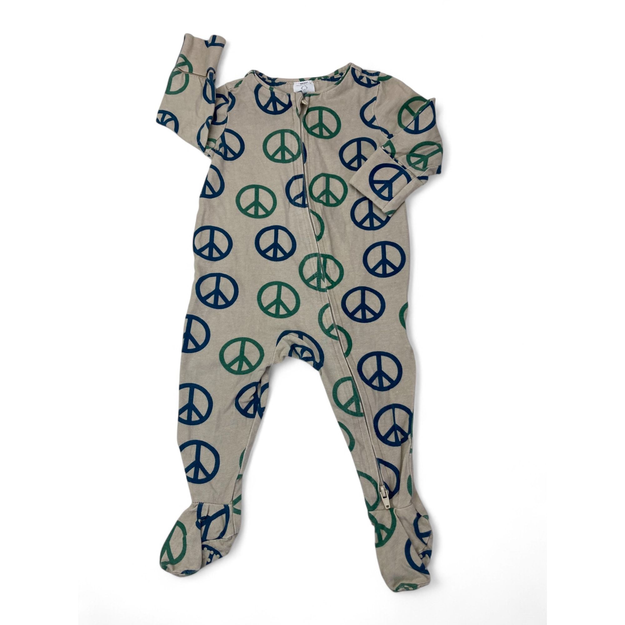3-6M Beige, Blue & Green Peace Sign Zip Onesie - Cotton On