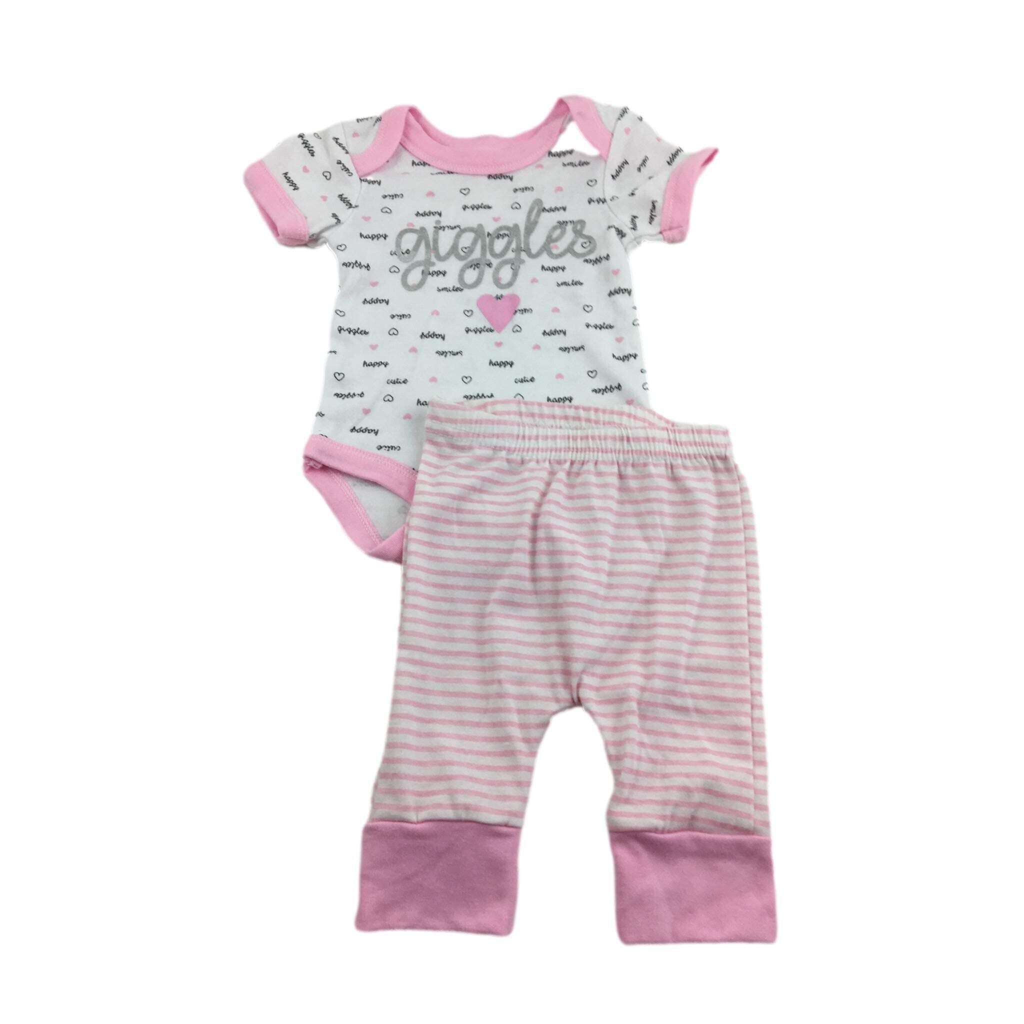 0-3M White & Pink "Giggle" Bodysuit & Stripe Leggings