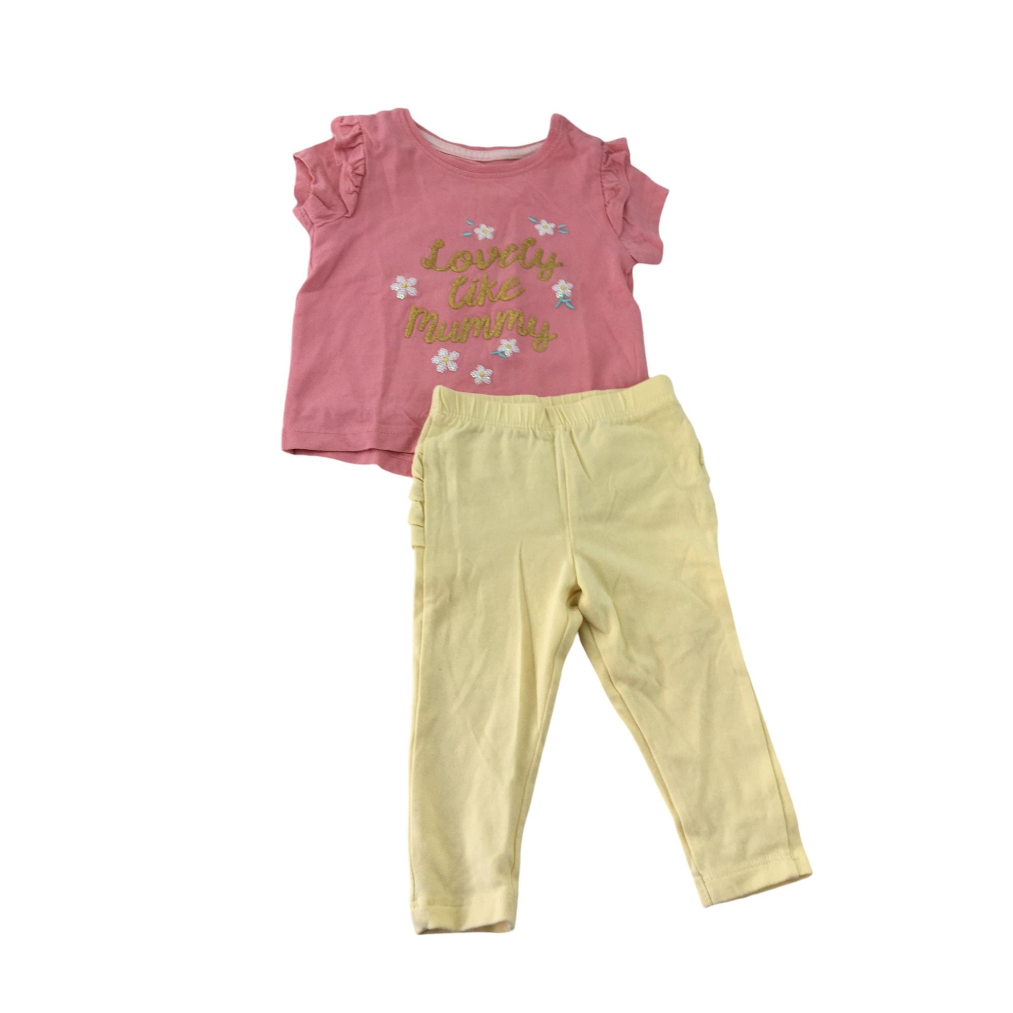 6-9M Light Yellow Ruffle Back Leggings & Pink Glitter Top - Primark