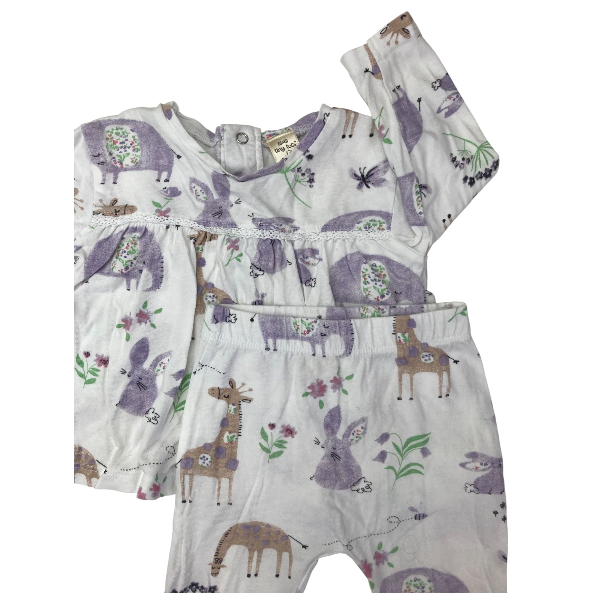 3-6M White & Lilac Animal Sleep Set - Tiny Tots
