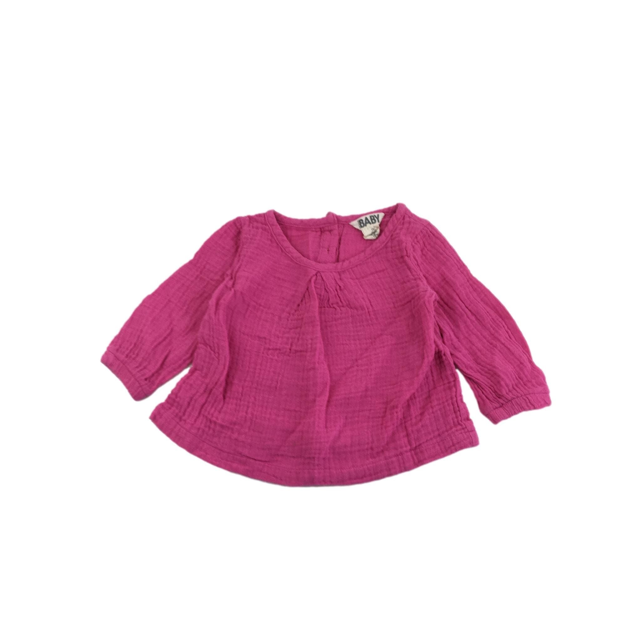 3-6M Cerise Pink Cotton Gauze Long Sleeve Top - Cotton On