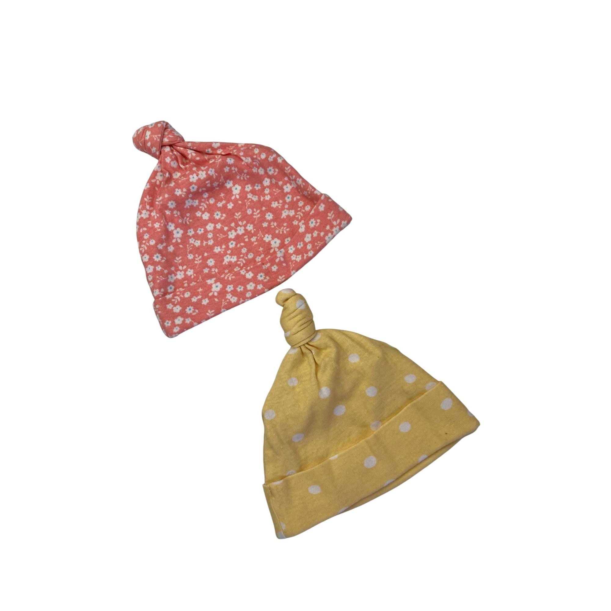 0-6M Coral Floral & Yellow Dotted Knotted Beanies