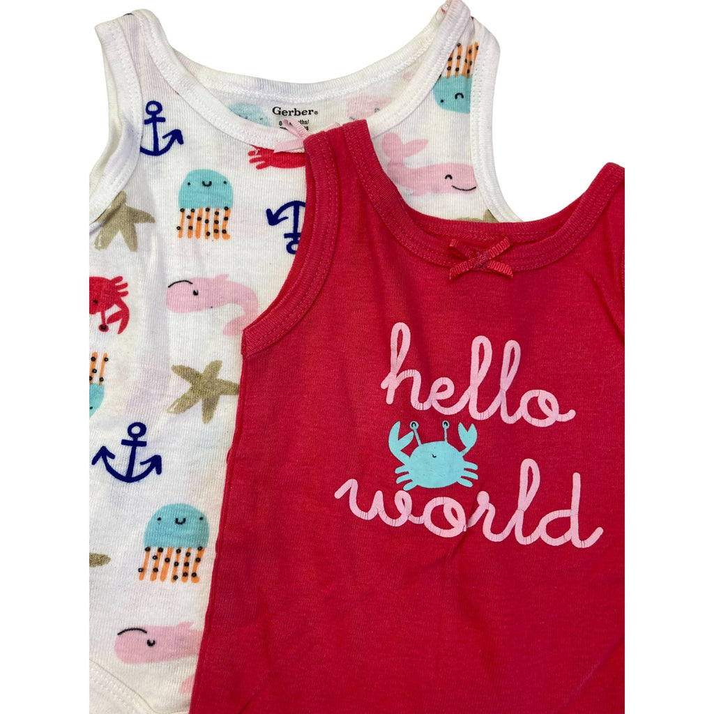 0-3M Cerise Pink & White Sea Animals Sleeveless Bodysuits - Gerber