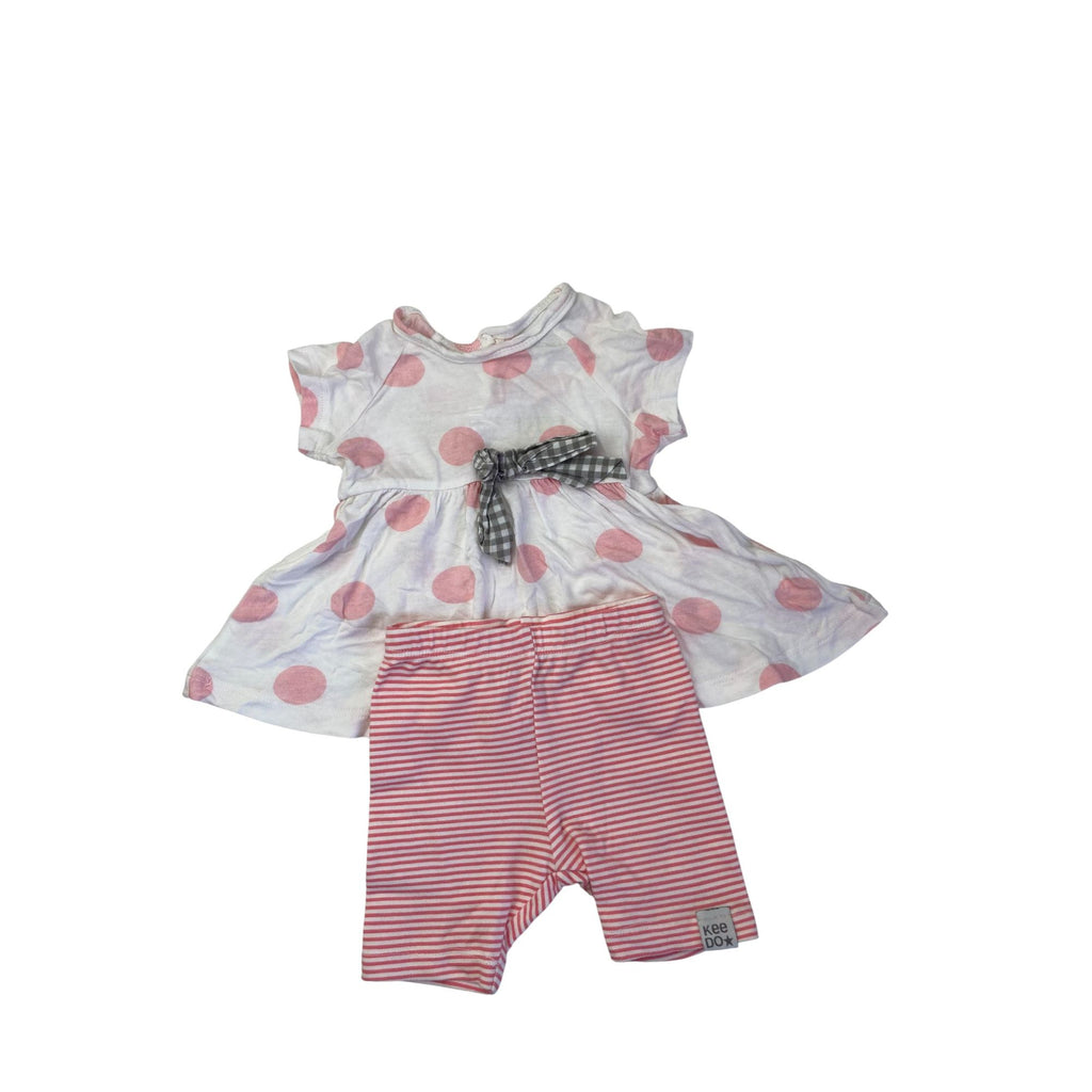 0-3M White & Coral Dotted & Striped Shorts & Tunic Set - Keedo