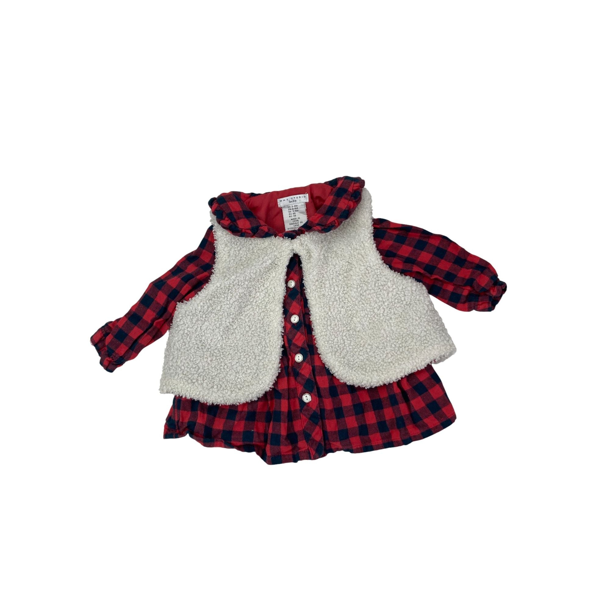 UK 3-6M Red & Grey Buffalo Check Dress & Cream Teddy Gilet - Max Studio Baby