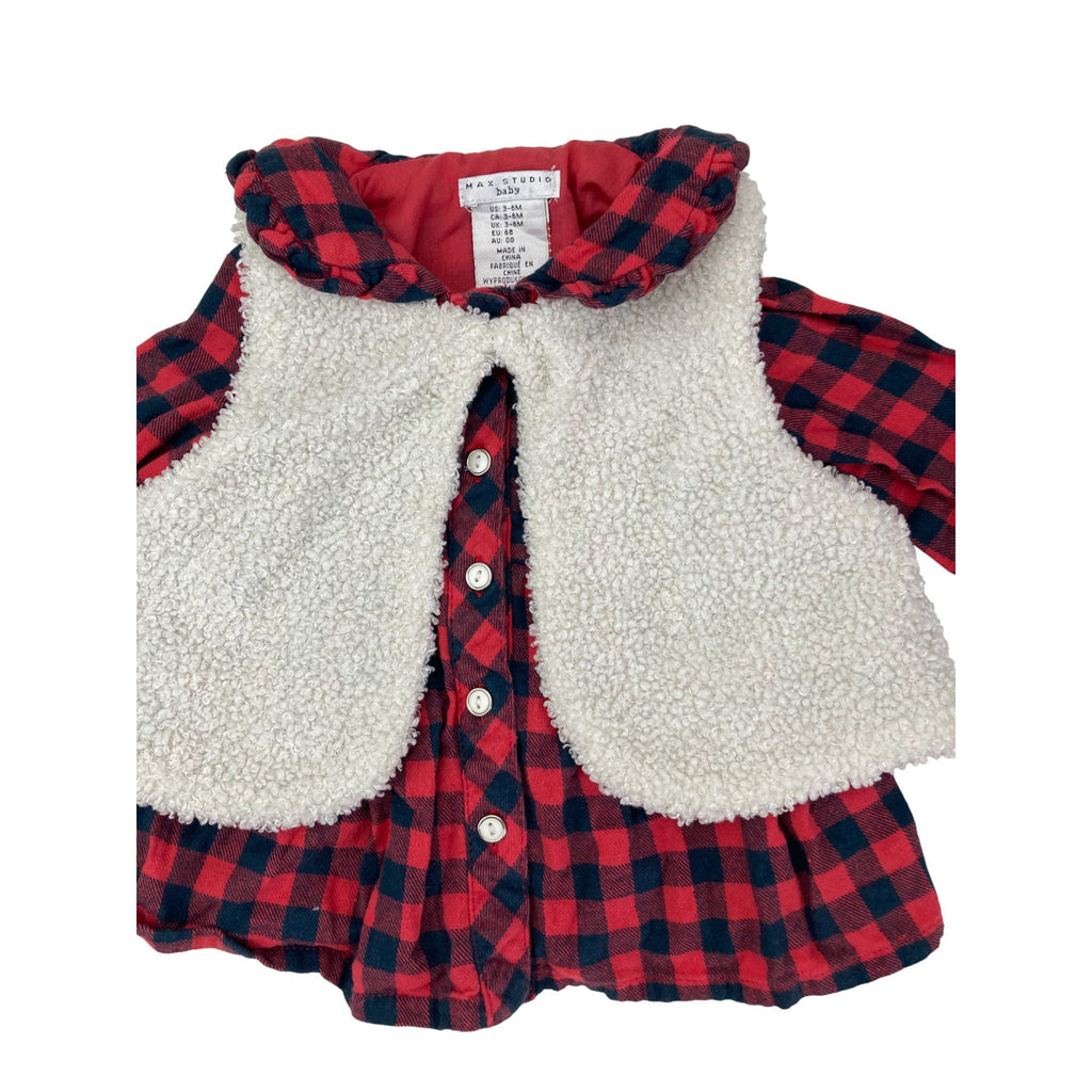 UK 3-6M Red & Grey Buffalo Check Dress & Cream Teddy Gilet - Max Studio Baby