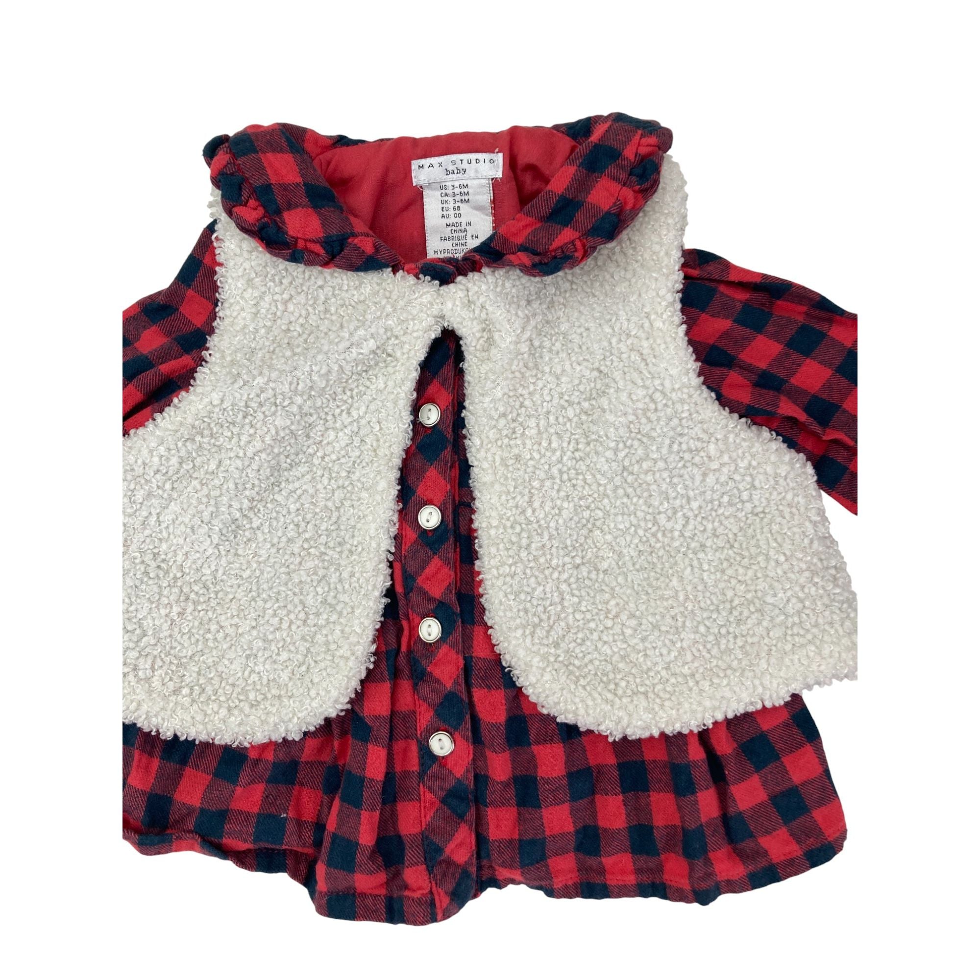 UK 3-6M Red & Grey Buffalo Check Dress & Cream Teddy Gilet - Max Studio Baby