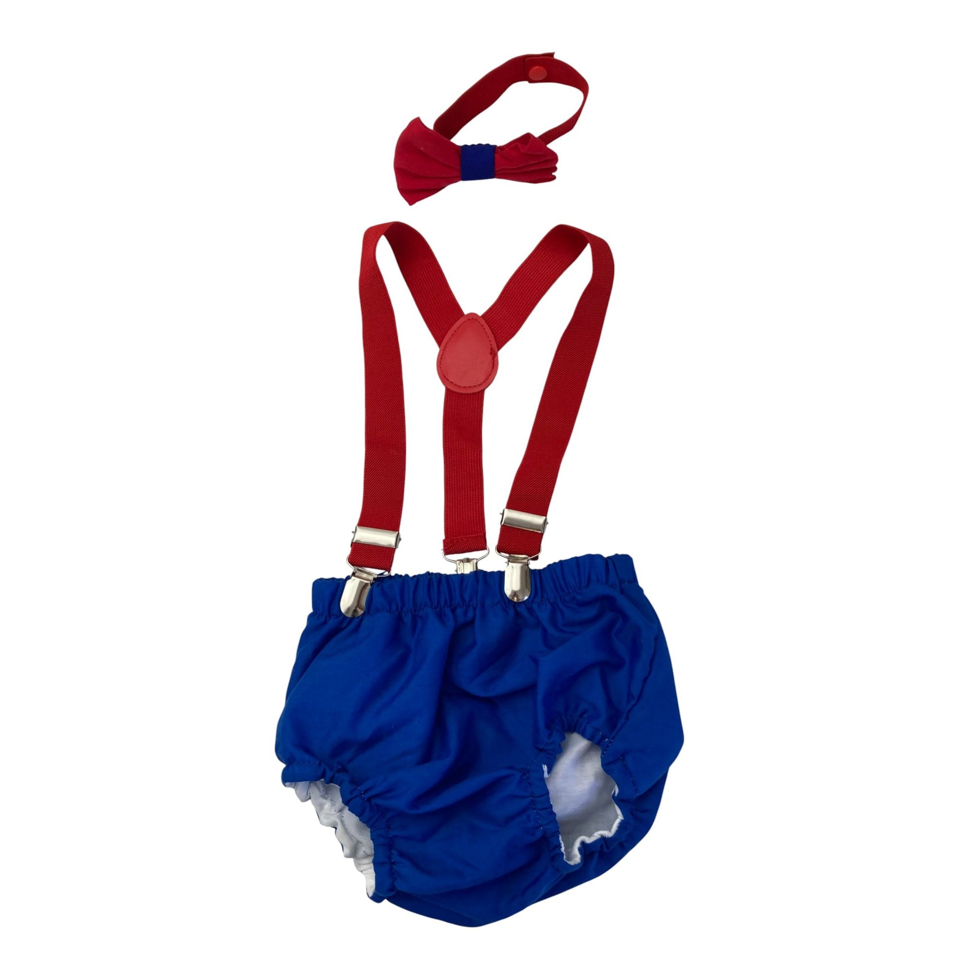 6-12M Blue & Red Superman Suspender Bloomer & Bowtie
