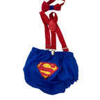 6-12M Blue & Red Superman Suspender Bloomer & Bowtie