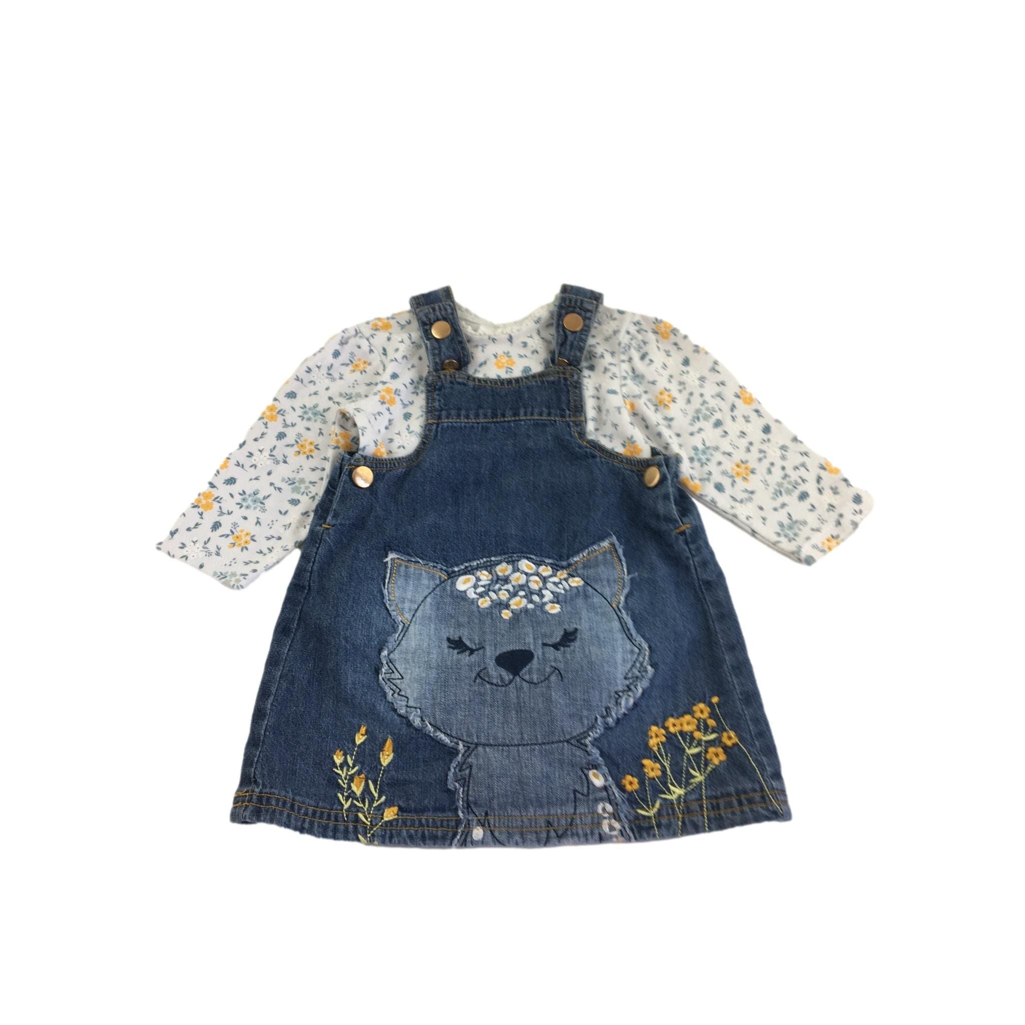 3-6M Light Blue Cat Dungaree Dress & White Floral Long Sleeve Top - Clicks