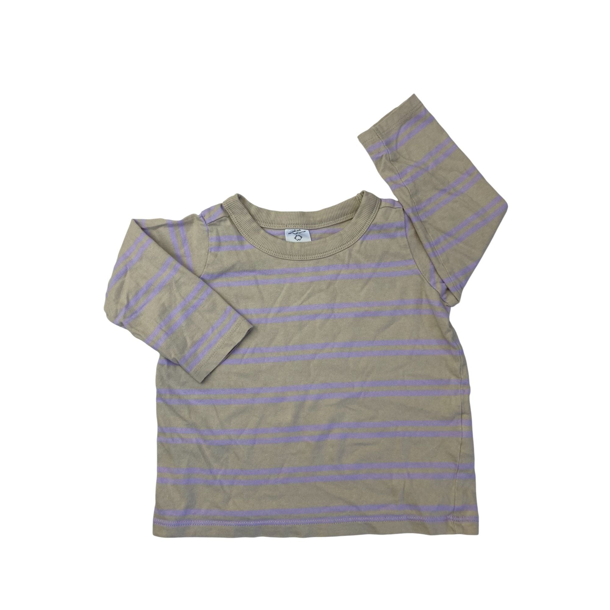 12-18M Beige & Lilac Double Stripe Long Sleeve T Shirt - Cotton On