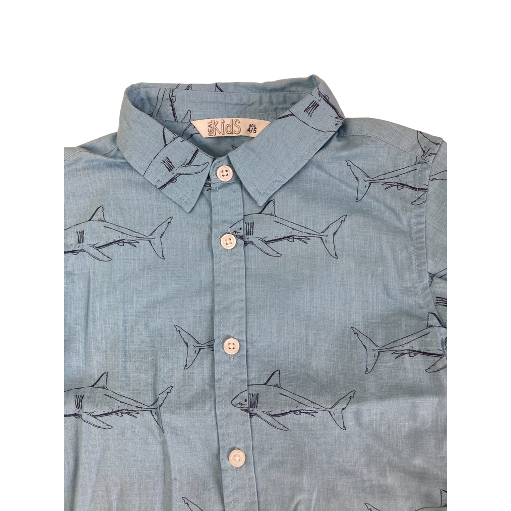 4-5Y Dusty Blue Shark Button Summer Shirt - Real