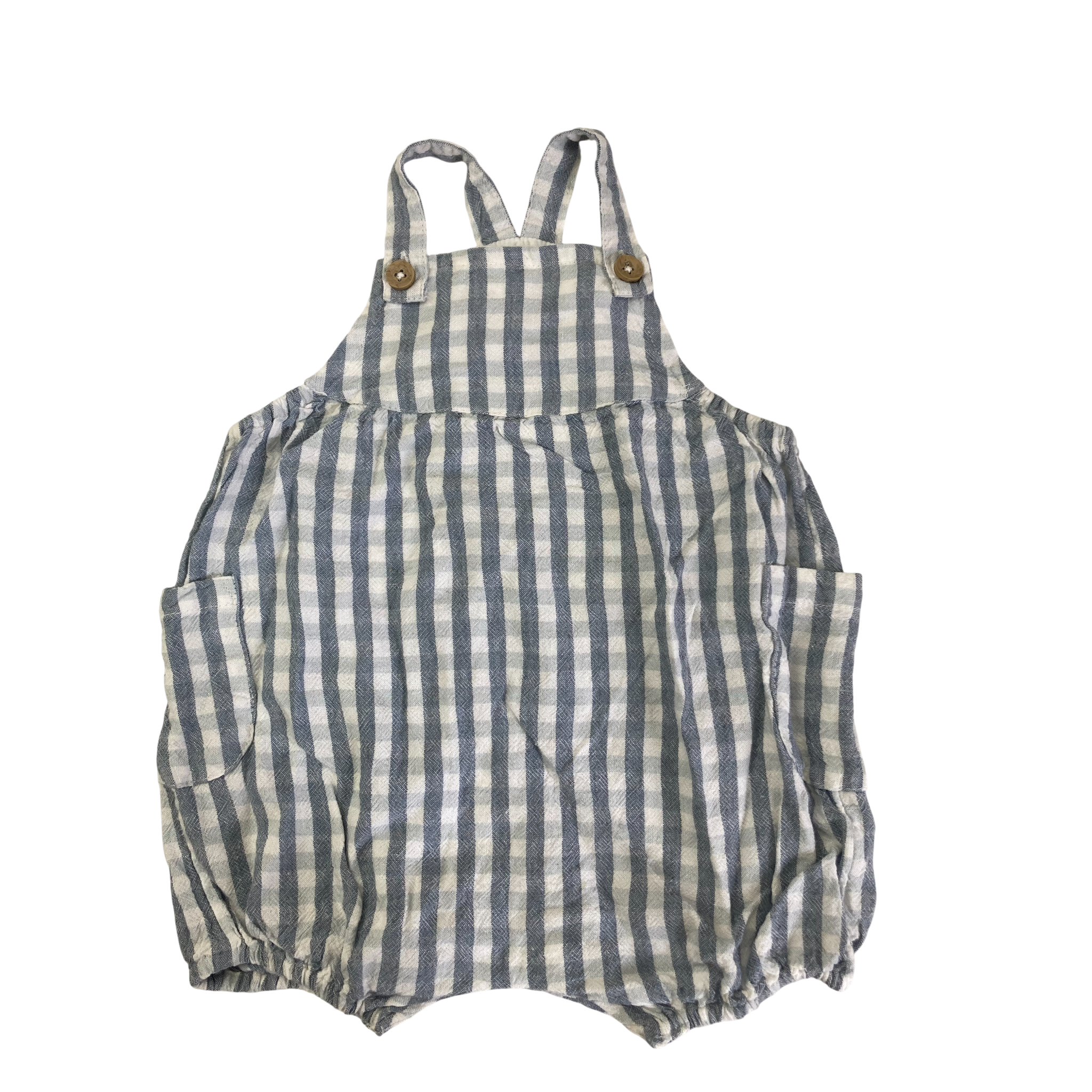 3-6M Blue & White Check Cotton Dungaree Romper - Mango Kids