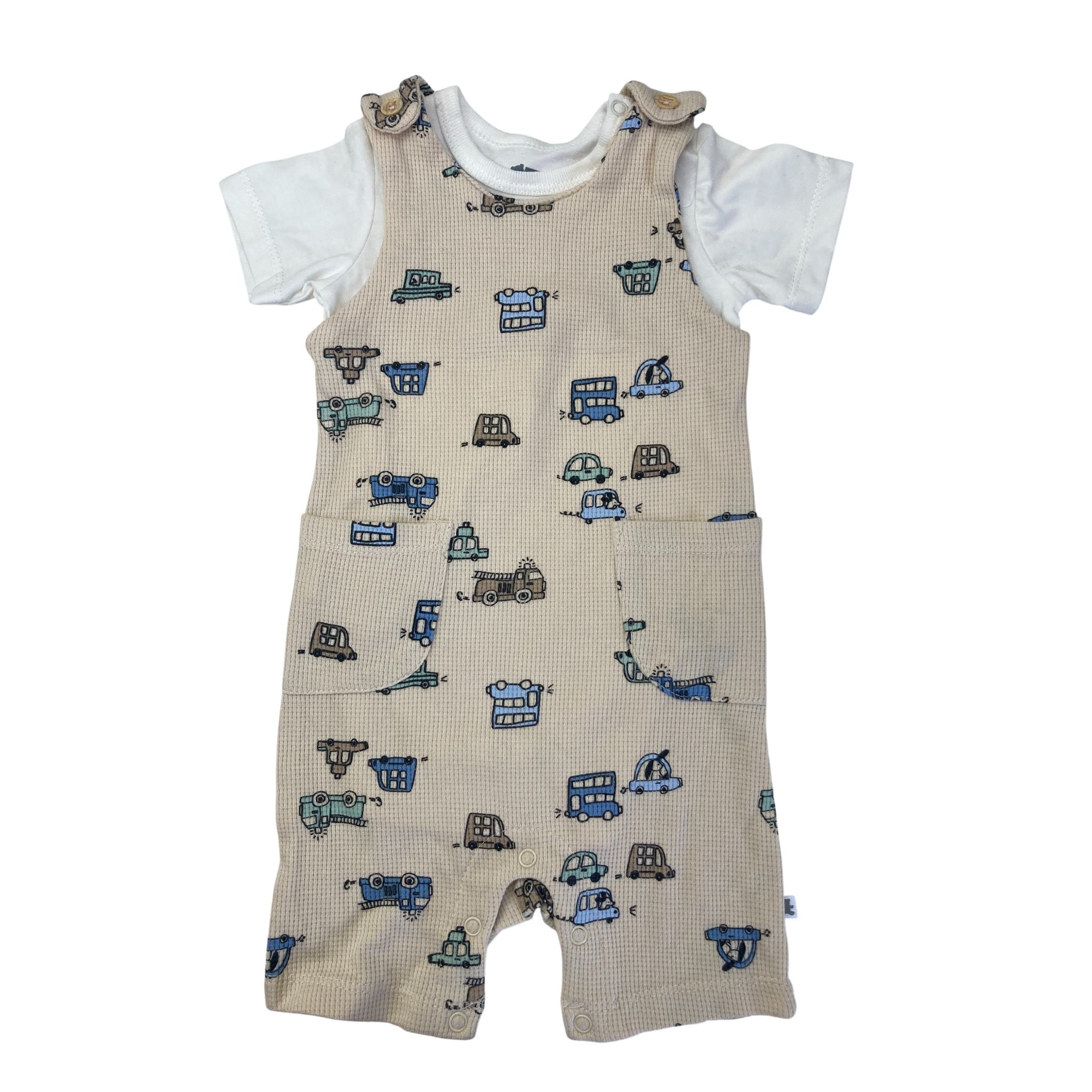 3-6M Beige Waffle Knit Car Dungaree & T Shirt - Woolworths