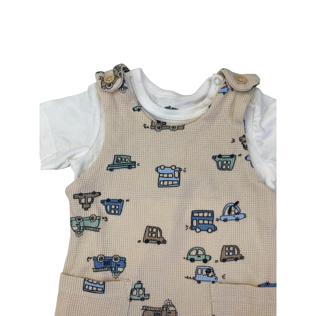3-6M Beige Waffle Knit Car Dungaree & T Shirt - Woolworths