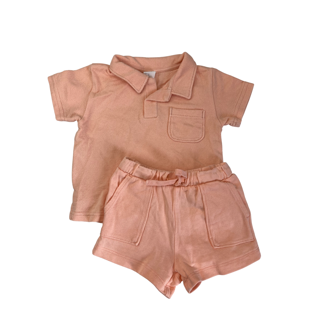 UK 4-6M Coral Terry Golfer & Shorts Set - H&M