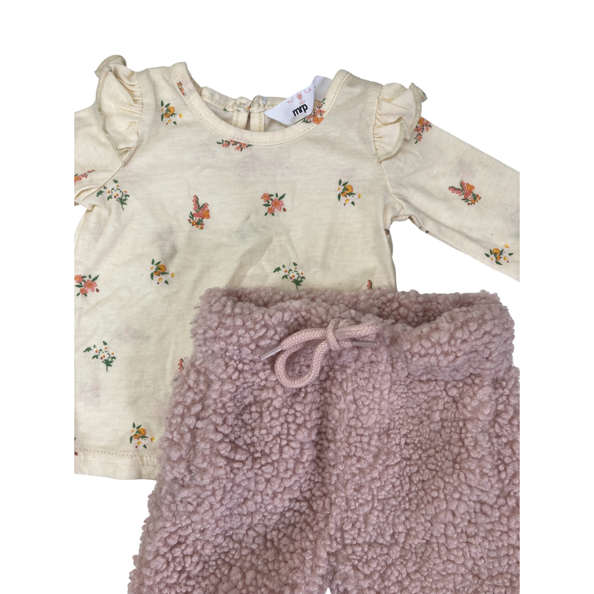3-6M Light Pink Teddy Pants & Cream Floral Top - Mr Price, Ackermans