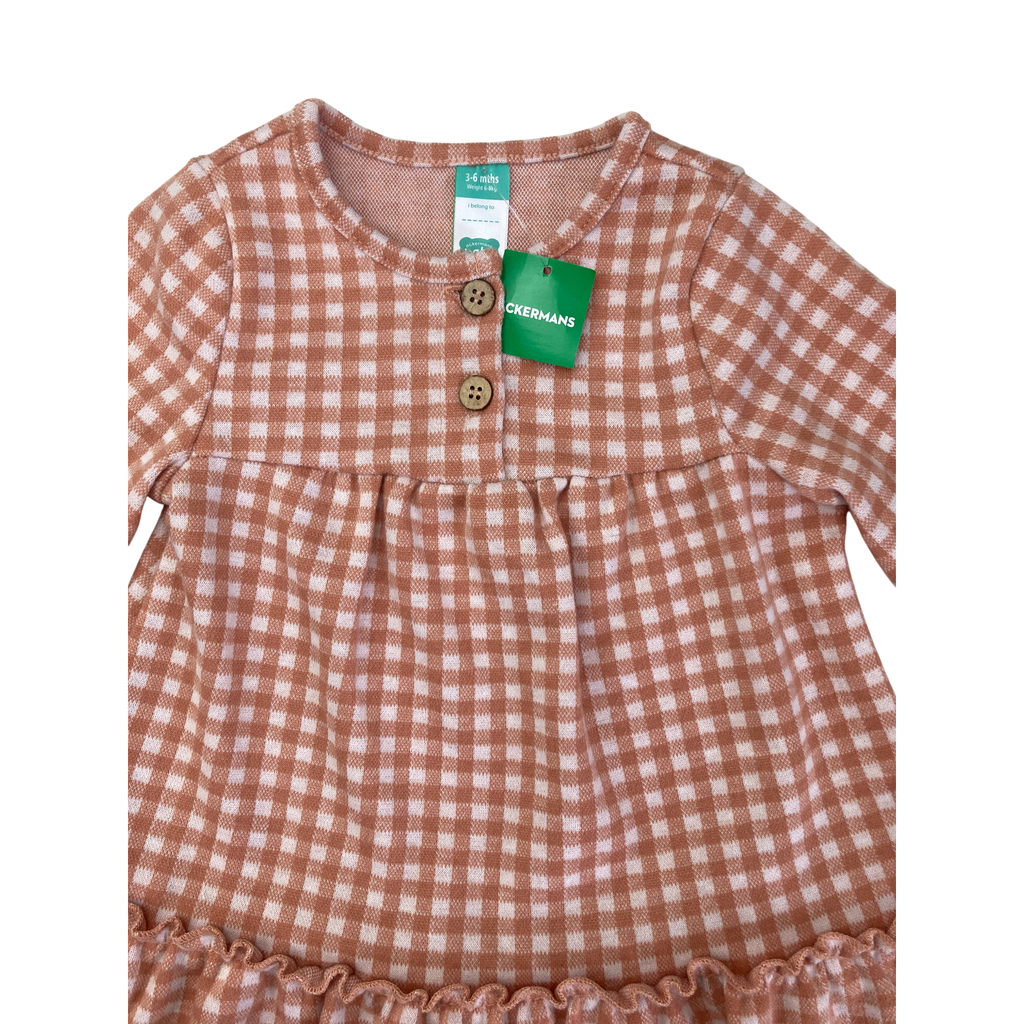 3-6M Orange & Cream Gingham Half Button Dress - Ackermans
