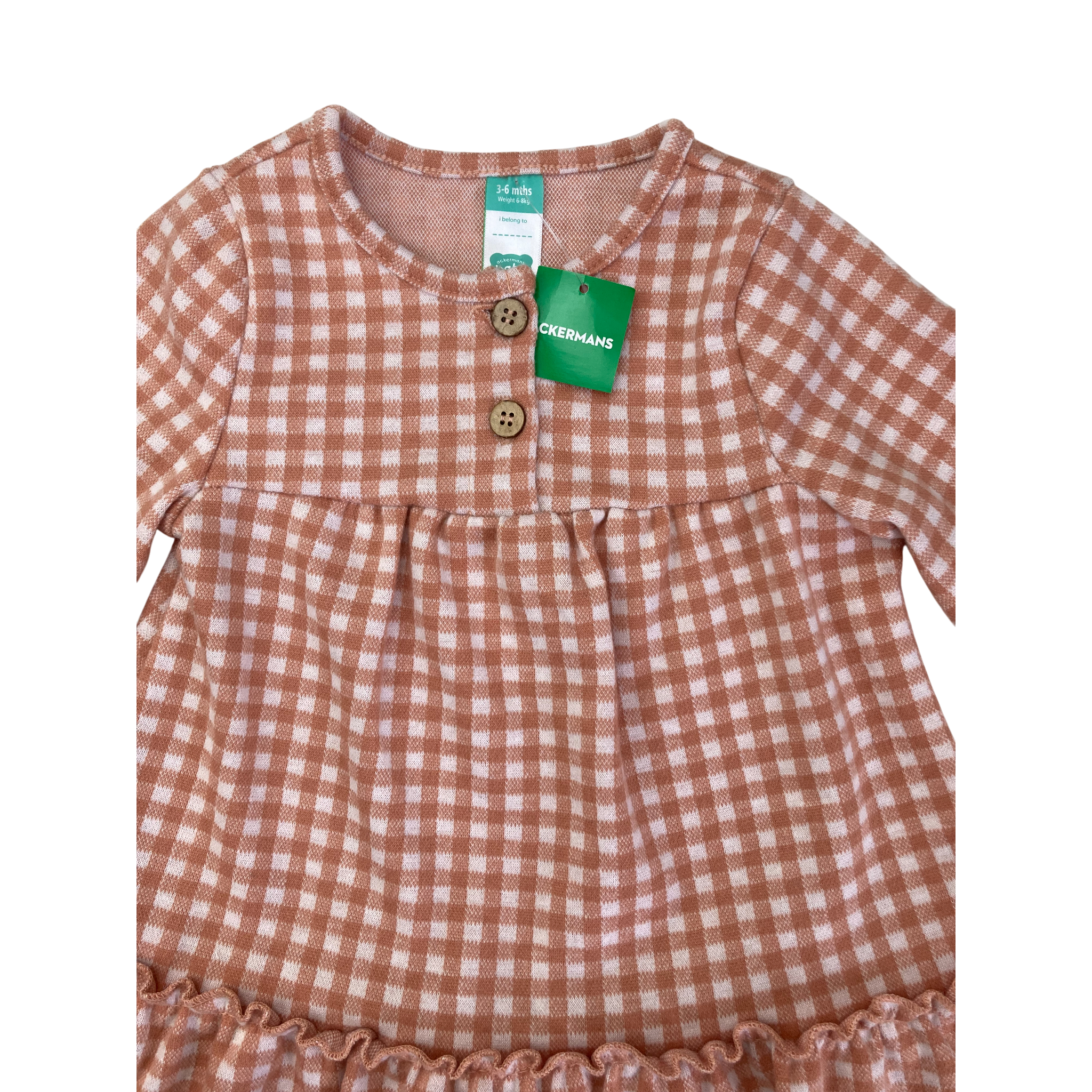 3-6M Orange & Cream Gingham Half Button Dress - Ackermans