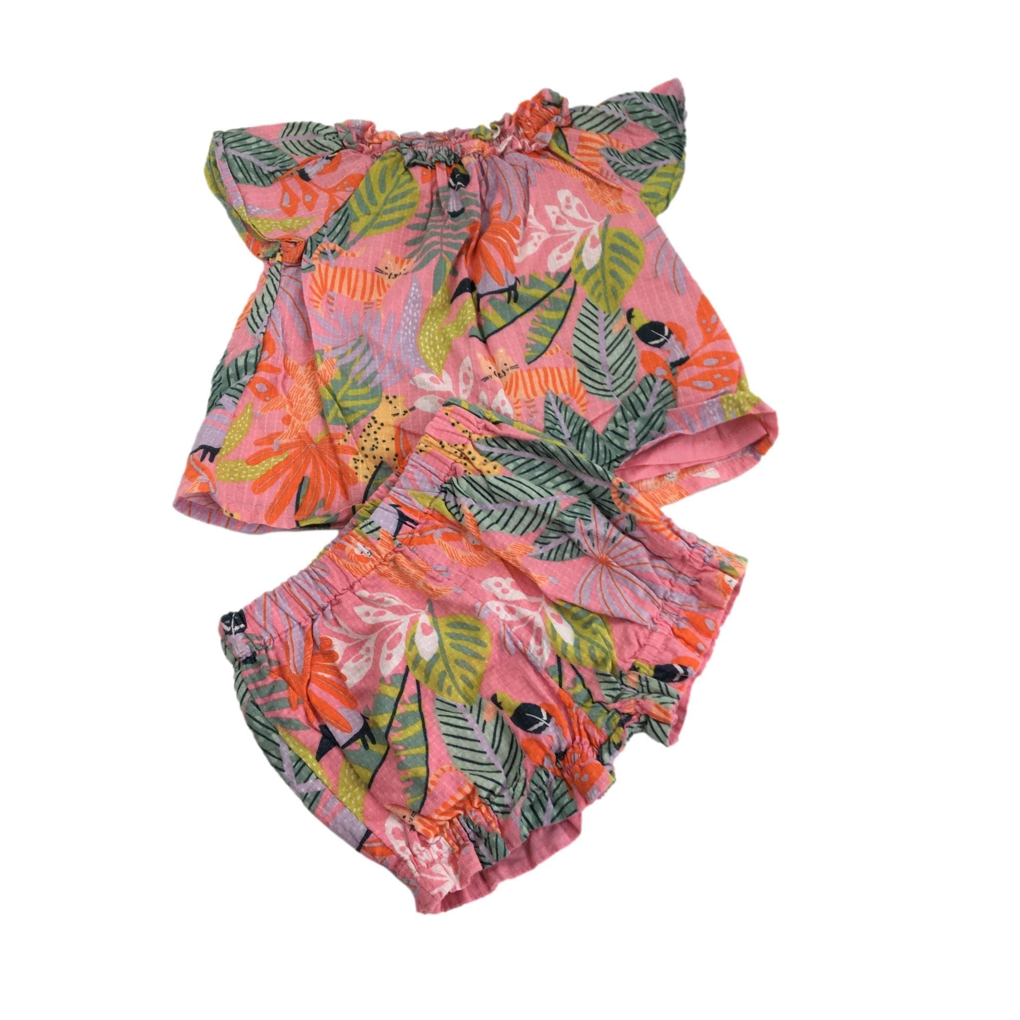 3-6M Coral Tropical Shorts & Blouse Set - Tu