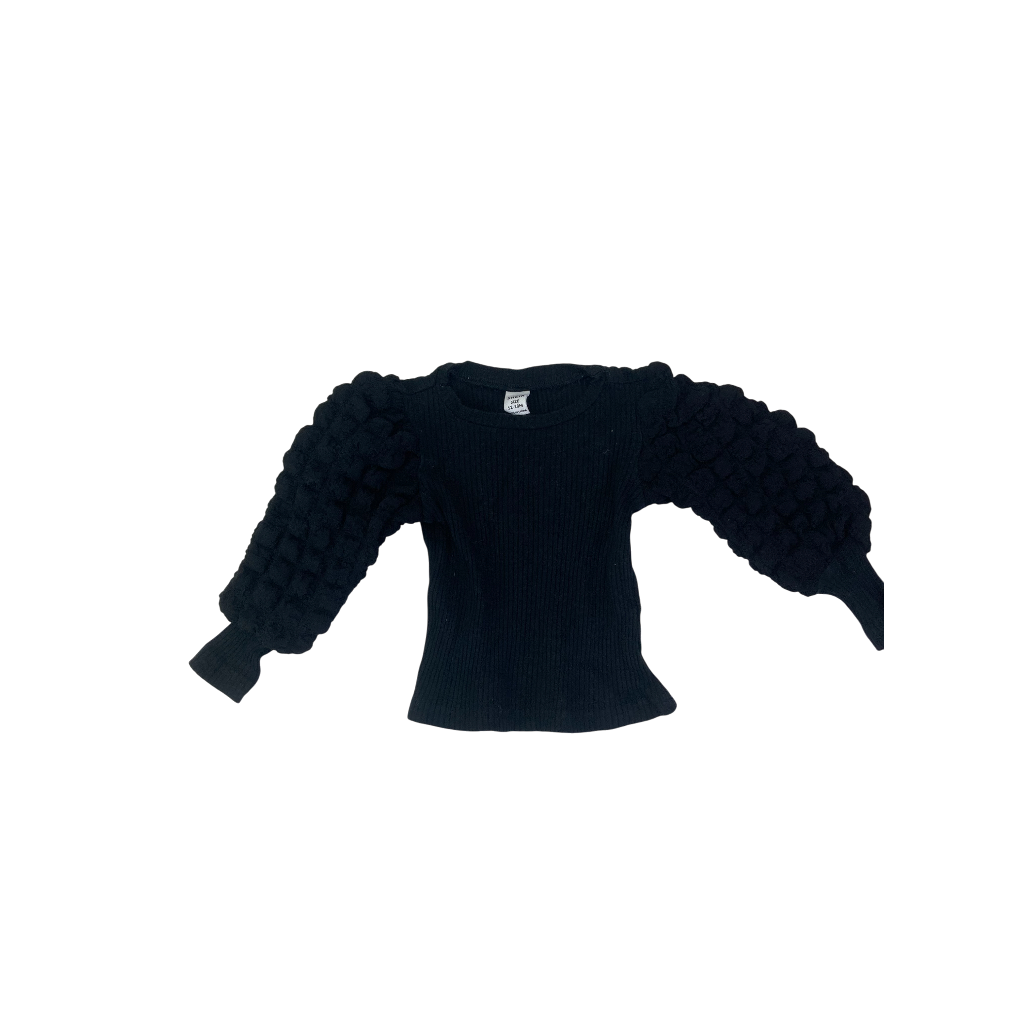 12-18M Black Ribbed Bubble Sleeve Top - Shein